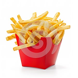 French fries or fried potatoes in a red carton box isolated on white background