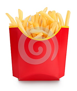 French fries or fried potatoes in a red carton box isolated on white background with clipping path and full depth of