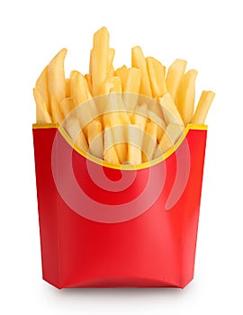 French fries or fried potatoes in a red carton box isolated on white background with clipping path and full depth of