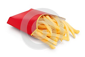 French fries or fried potatoes in a red carton box isolated on white background with clipping path and full depth of