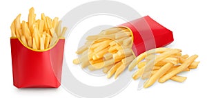 French fries or fried potatoes in a red carton box isolated on white background with full depth of field