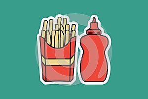 French Fries in Fries Box with Tomato Sauce Bottle vector illustration. Fast Food icon concept.