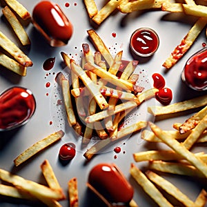 French fries The golden brown sticks of potato, suspended in mid-air, defy gravity and logic