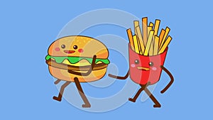 French Fries and hamburger walking