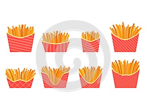 French fries icon set isolated on white background. Fast food, deep fried potatoes. Packaged fries, a delicious snack. Design for