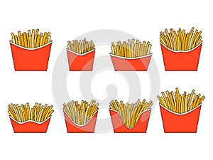 French fries icon set isolated on white background. Fast food, deep fried potatoes. Packaged fries, a delicious snack. Design for