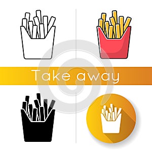 French fries icons set. Linear, black and RGB color styles. Fried potato, salty sticks in cardboard box. Takeaway
