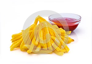 French fries served with red tomato sauce in glass bowl. Food menu isolation. Fried potatoes on white background with ketchup