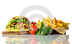 French Fries and Kebab Sandwich on White Background