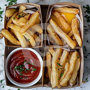 French fries with ketchup and parsley on white marble background.