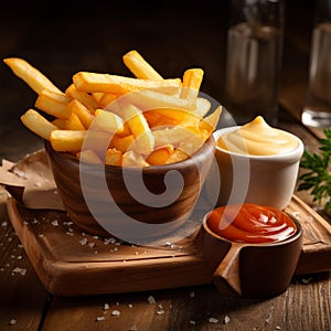 french fries with ketchup, sauce and pepper on a cutting board