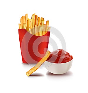 French fries and ketchup tomato sauce in ceramic cup. Roasted potato chips in deep fat fry oil potatoes. Yellow sticks