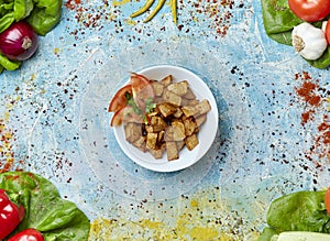 French fries with legumes on textured background