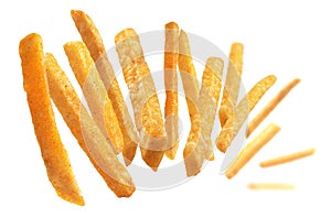 French fries levitate on a white background