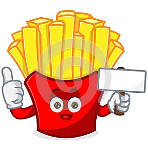 French Fries Mascot cartoon illustration hold blank sign and give thumb up