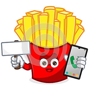 French Fries Mascot cartoon illustration hold blank sign and phone