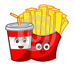 French Fries Mascot with soft drink cartoon illustration
