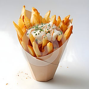 French fries with mayonnaise and parsley on a white background