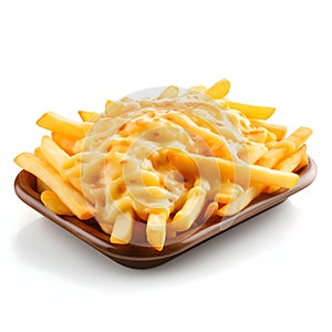 French fries with melted cheese on a plate isolated on white background