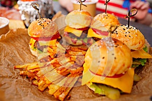 french fries and Mini burgers for a children's party or picnic.