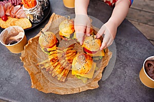 french fries and Mini burgers for a children& x27;s party or picnic.