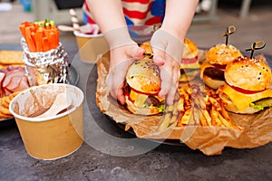 french fries and Mini burgers for a children& x27;s party or picnic.