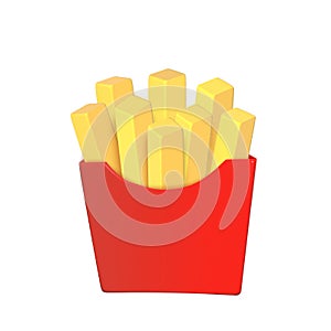French fries pack box. Cartoon fast food fry potato 3d render icon mock up on white