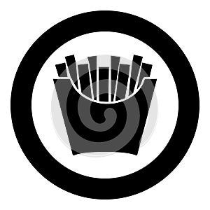 French fries in package Fried potatoes in paper bag Fast food in bucket box Snack concept icon in circle round black color vector