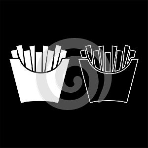 French fries in package Fried potatoes in paper bag Fast food in bucket box Snack concept icon outline set white color vector