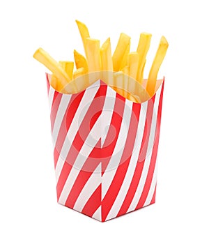 French fries packaging on white background, fast food concept, realistic 3D illustration, generative ai