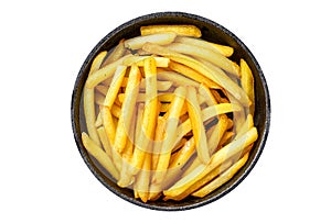 French fries in a pan, fried potatoes. Isolated, white background.