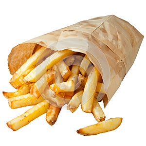 French fries in paper bag isolated on transparent background.