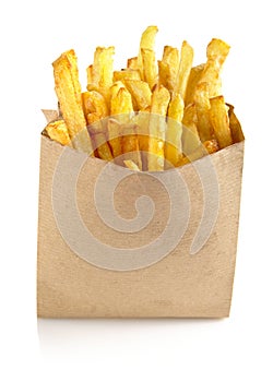 French fries in the paper bag isolated on white