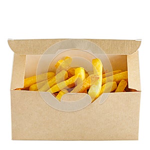 French fries in paper box to go