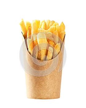 French fries in a paper cup isolated on white background