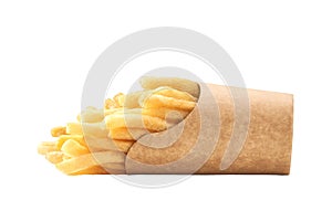 French fries in a paper cup isolated on white background. Side view