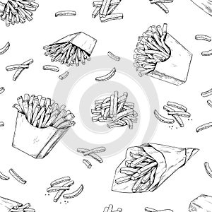 French fries pattern. Hand drawn seamless texture for fast food menu with potato dips. Black and white unhealthy