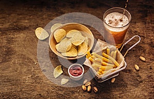 French fries, potato chips and beer