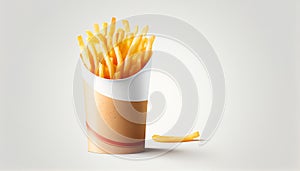 French fries or potato chips with Salted and ketchup. Yummy french fries in a paper cup with tasty. potato fry on white background