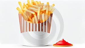 French fries or potato chips with Salted and ketchup. Yummy french fries in a paper cup with tasty. potato fry on white background