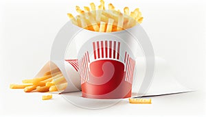 French fries or potato chips with Salted and ketchup. Yummy french fries in a paper cup with tasty. potato fry on white background