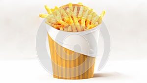 French fries or potato chips with Salted and ketchup. Yummy french fries in a paper cup with tasty. potato fry on white background