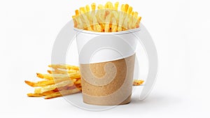 French fries or potato chips with Salted and ketchup. Yummy french fries in a paper cup with tasty. potato fry on white background