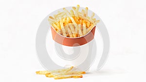 French fries or potato chips with Salted and ketchup. Yummy french fries in a paper cup with tasty. potato fry on white background