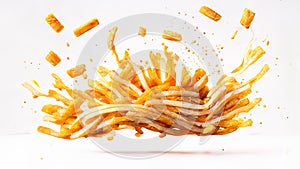 French fries or potato chips with Salted and ketchup. Yummy french fries in a paper cup with tasty. potato fry on white background