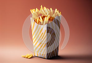 French fries or potato chips with Salted and ketchup. Yummy french fries in a paper cup with tasty. potato fry on white background