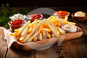 French fries or potato chips with sauces on wooden table