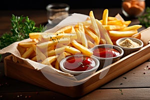 French fries or potato chips with sauces on wooden table