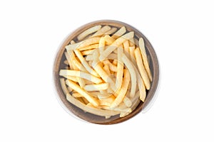 French Fries or potato fry in wooden bowl isolated on white background