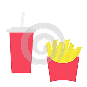 French fries potato in a paper wrapper box icon. Soda drink glass with straw. Fried potatoes. Fast food menu. Flat design. White b